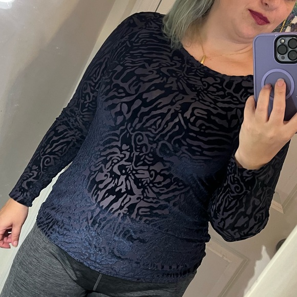 NAVY BLUE SHEER ZEBRA STRIPE VELVET STRETCH LONG SLEEVE SEXY TOP NWT S RUNS BIG - Picture 3 of 12